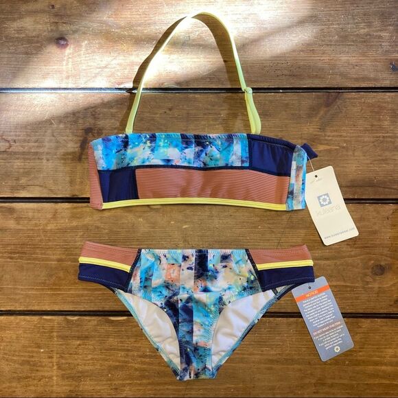 NWT Kuleana Swimsuit 2 Piece Bikini Halter Bandeau Top Tie Back Small Colorblock - Picture 1 of 12